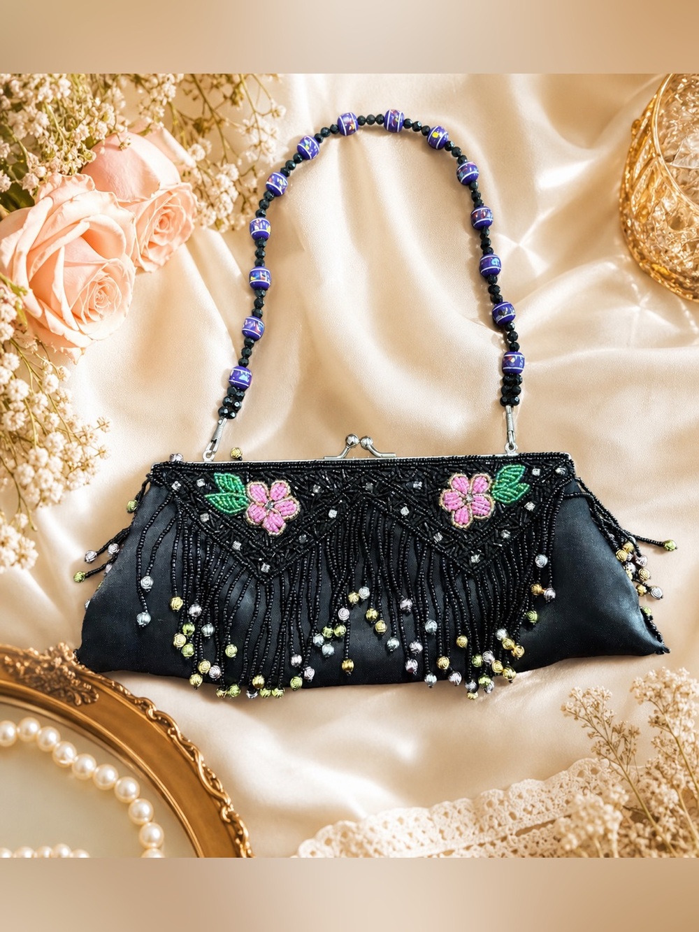 Sasha Vintage Black Beaded Satin Floral Fringe Evening Bag Clutch Purse Handmade
